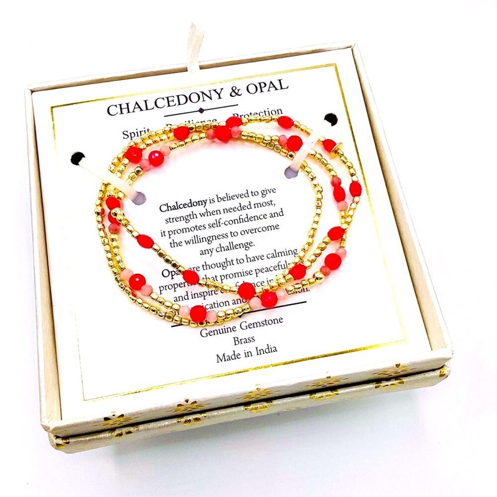 Shivam Chalcedony & Opal Red and Gold Beaded Brass Bracelets